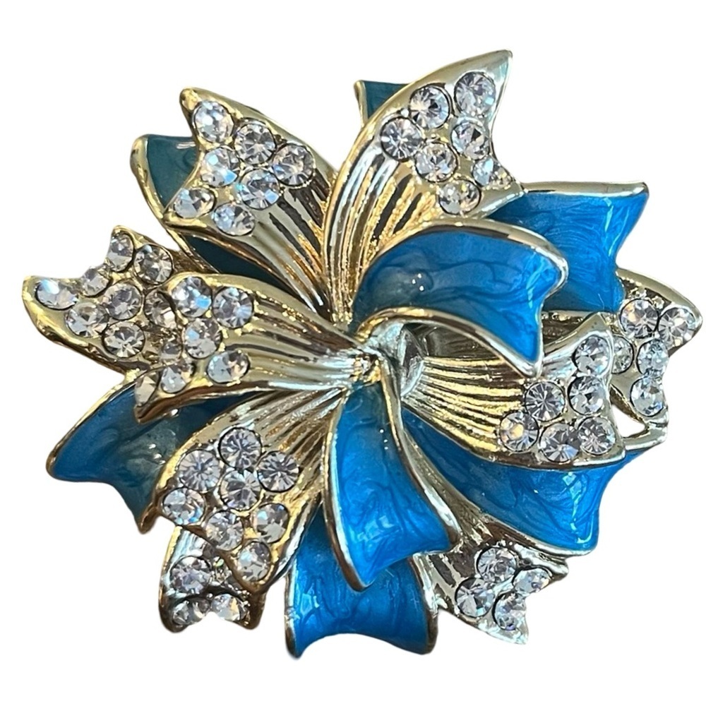 Stunning Joan Boyce Gold Statement Ring Blue Enamel Crystal Accents Bow Size 7